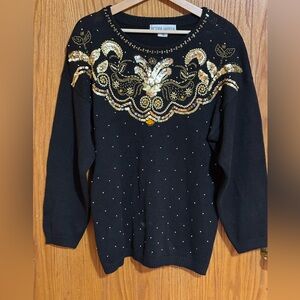 Vintage 90s Victoria Harbour Black gold Women's Sweater‎ Size L shoulder pads